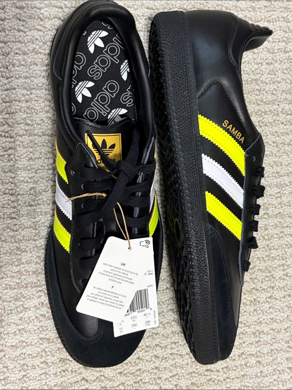 ADIDAS Samba Leather Sneakers in Black w/ Solar Yellow & White Stripes NWT